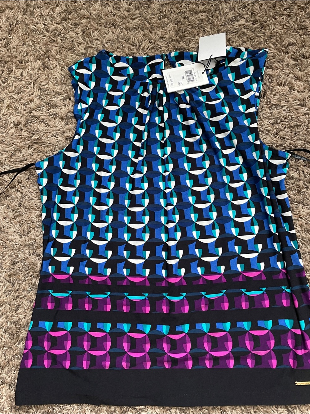 Calvin Klein Navy Blue Teal Geometric Sleeveless Top